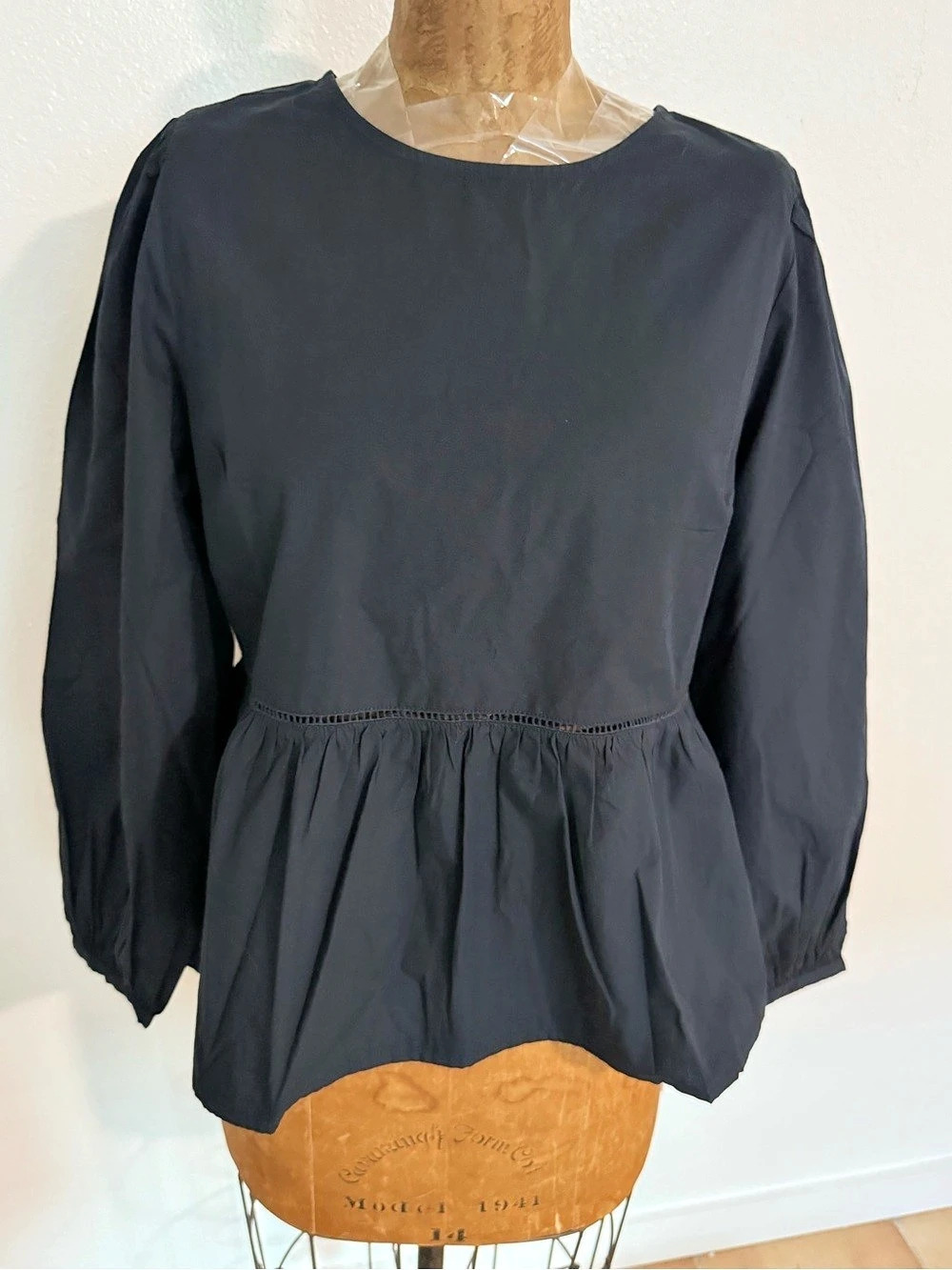 ABLE Lauren Babydoll Top Long Sleeve Peplum Black Medium NWT